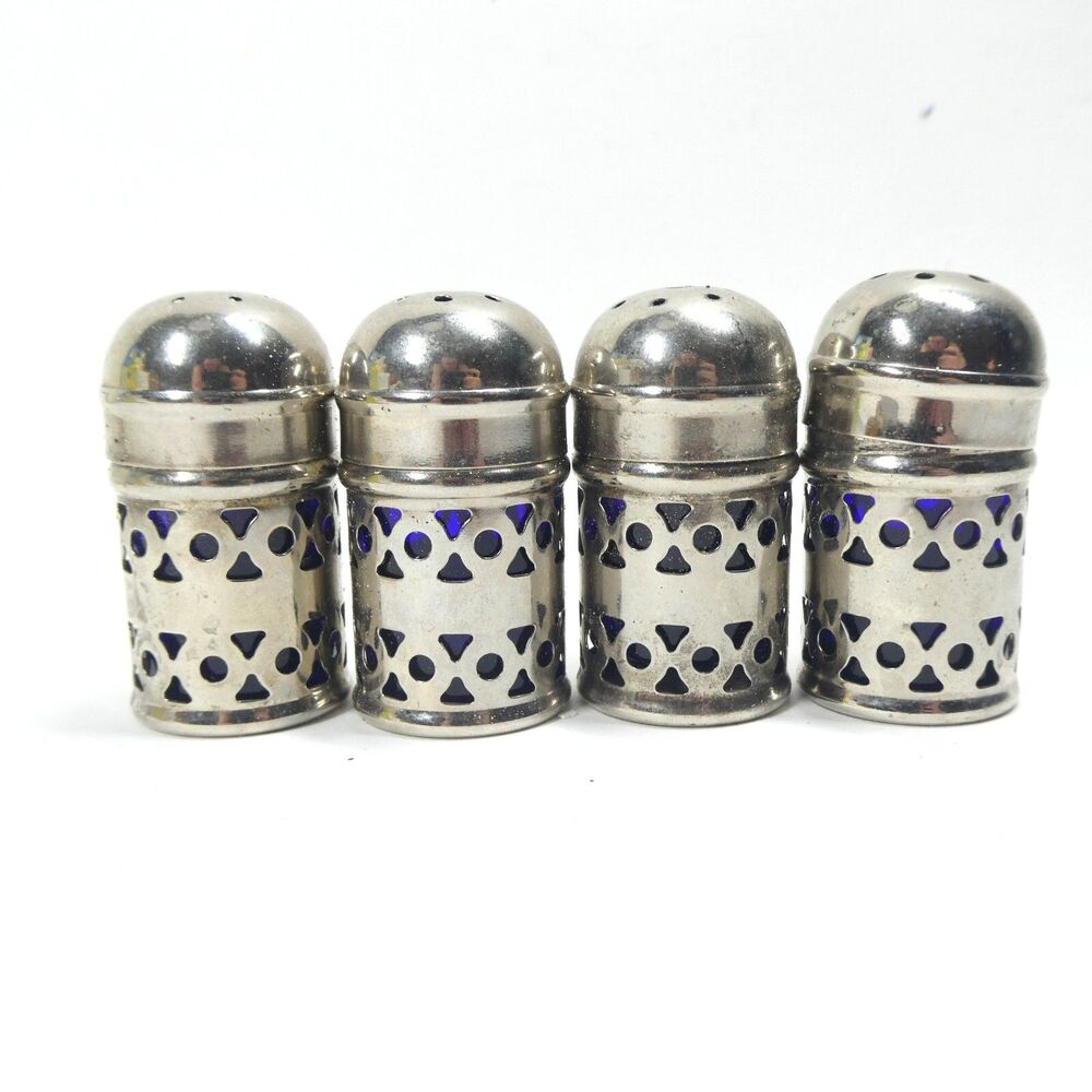 4 Pierced Silverplate Salt & Pepper Shakers England Cobalt Glass Lining